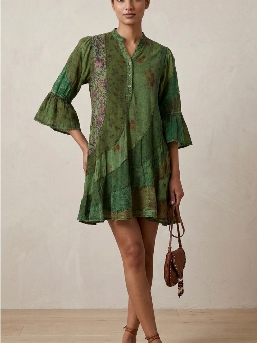 Young Threads | Patchwork Boho Tiered Tunic Mini Dress Size Small